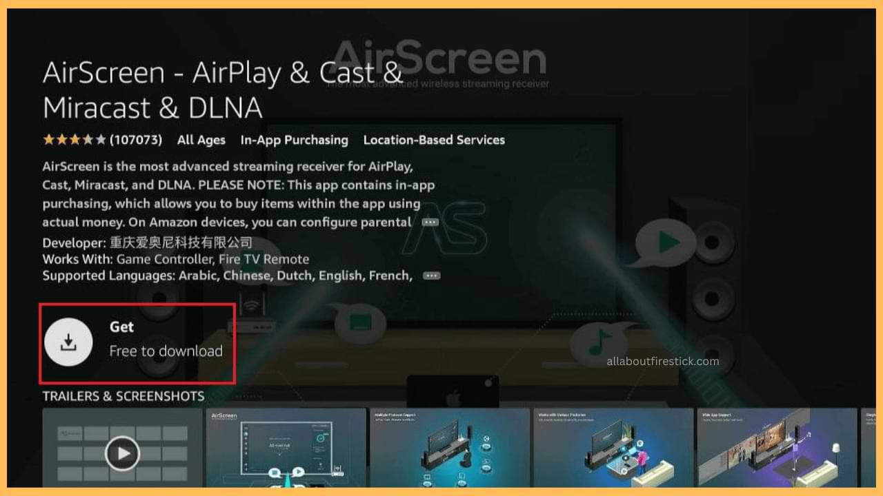 Click Get to download AirScreen on Firestick