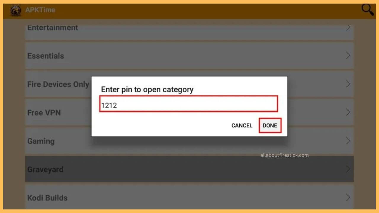 Input the Code on Fire TV to access APKTime on Firestick