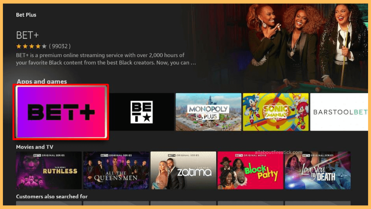 BET Plus on Firestick - Choose the BET+ app
