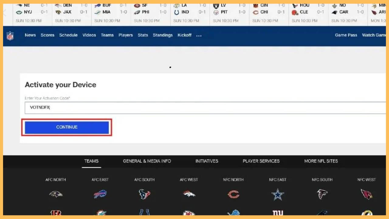 Click Continue to Activate NFL