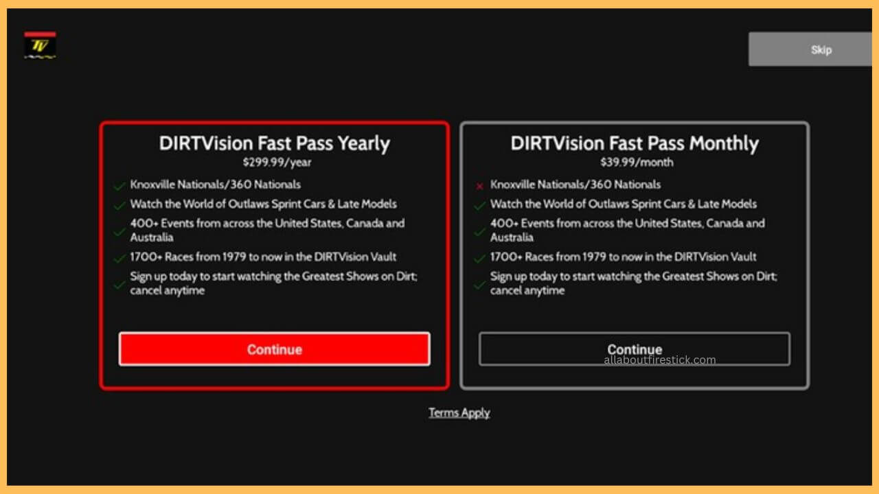 DIRTVision Subcription on Firestick