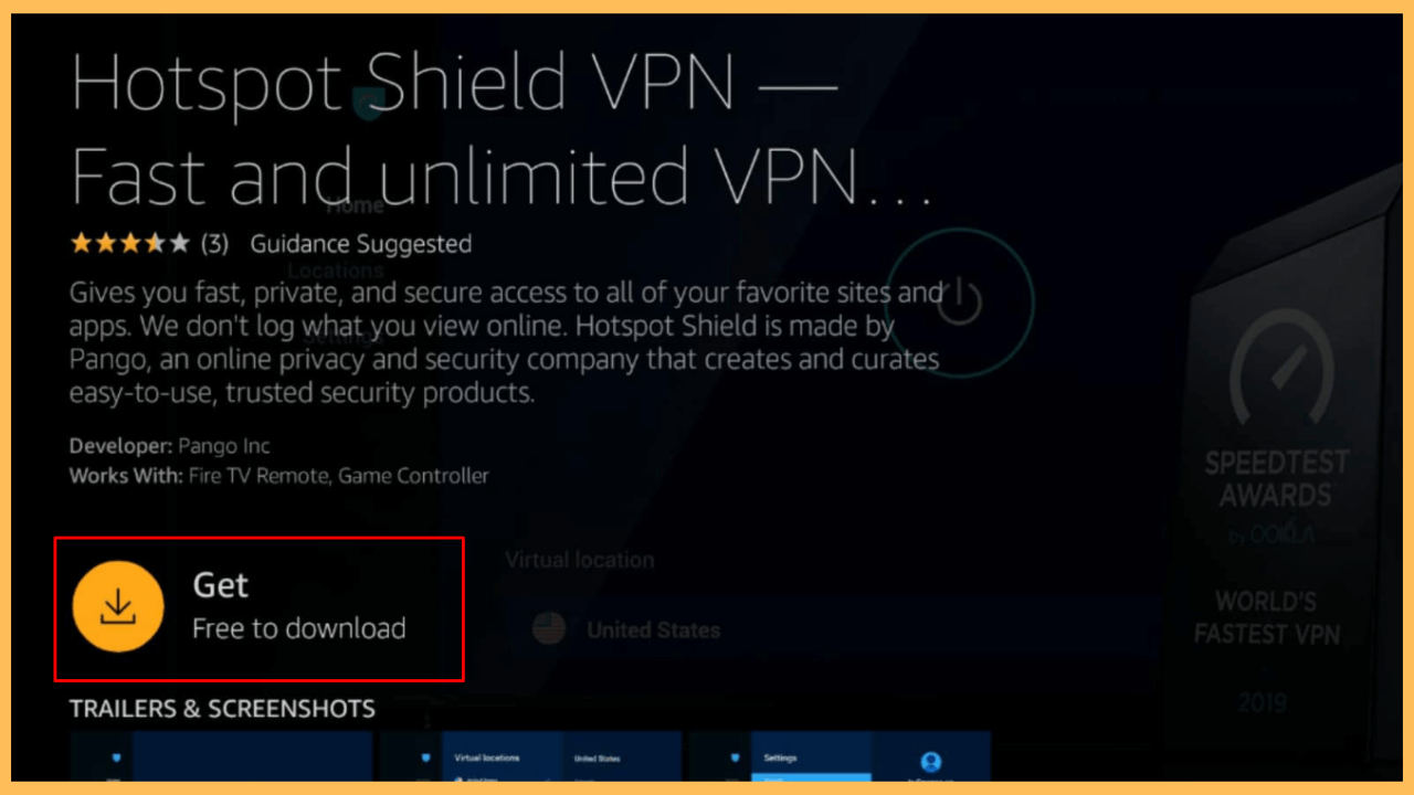 Hotspot Shield on Firestick - select Get
