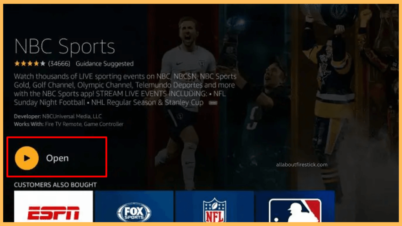 NBC Sports on Firestick - Select Open to launch the app