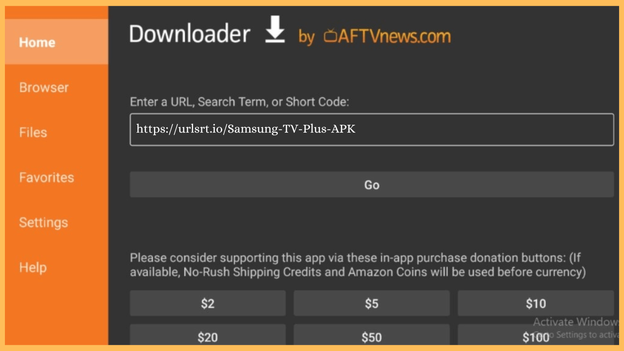 Samsung TV Plus on Firestick- Enter the APK URL