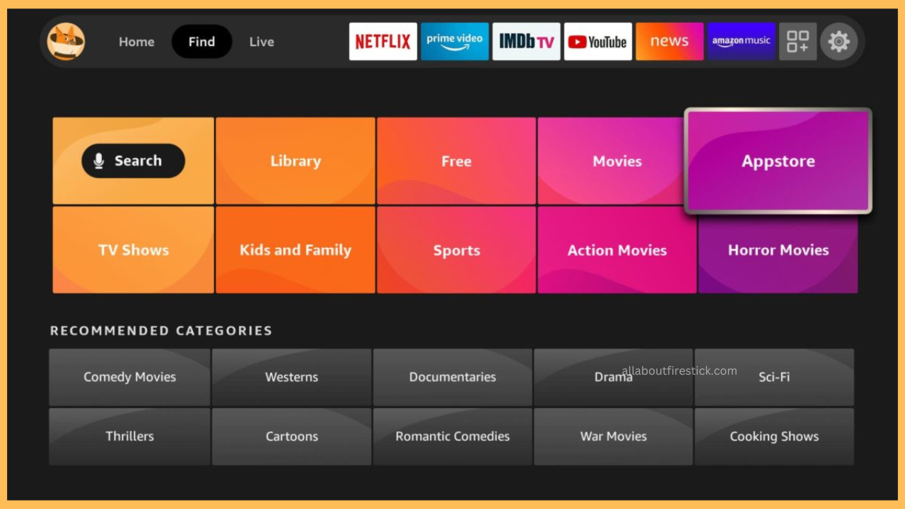 Open the Appstore tile on Firestick