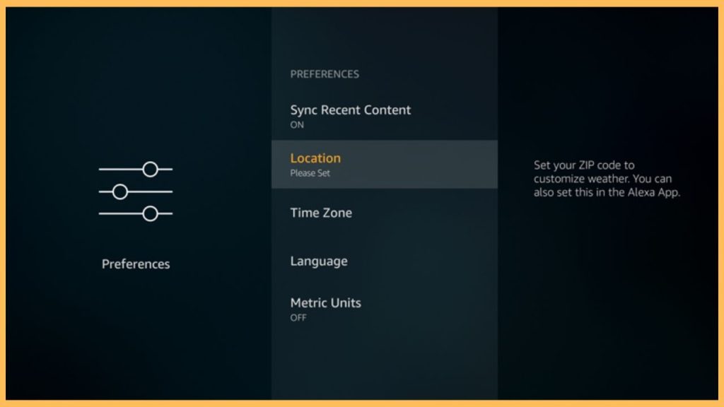 Select Location to change location on Firestick