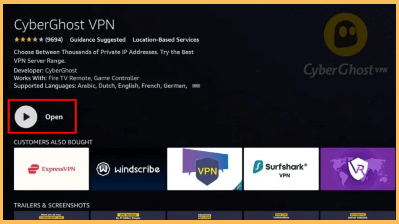 Select Open to launch CyberGhost VPN on Firestick