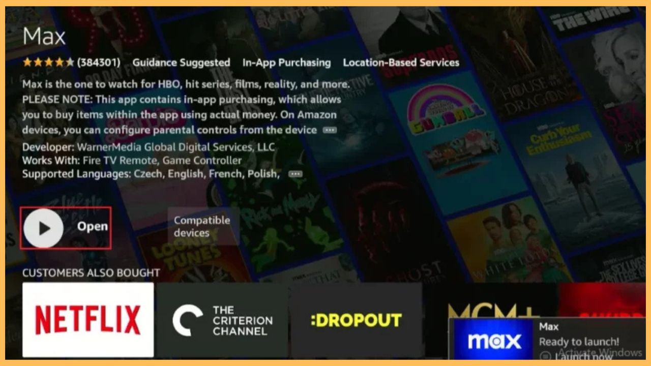Open Max to access Boomerang on Firestick