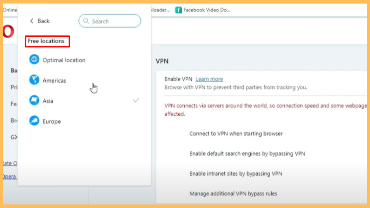 Opera VPN on Firestick - Choose server