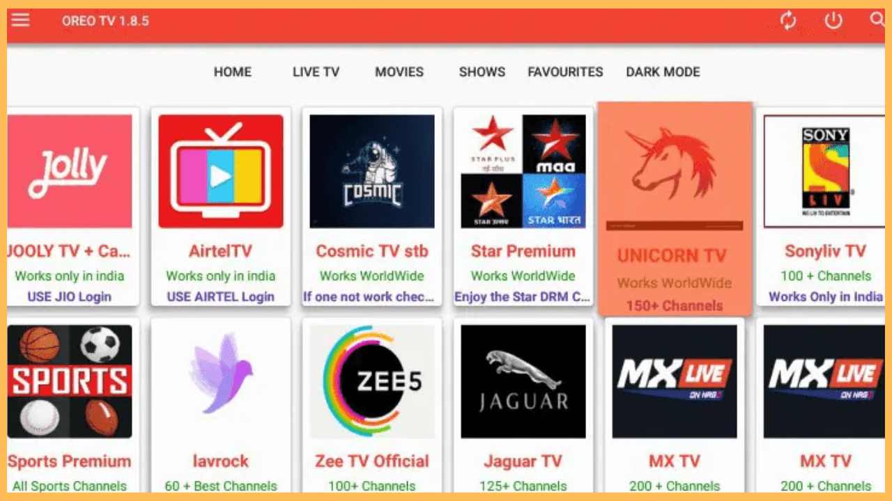 Oreo TV on Firestick - Home page