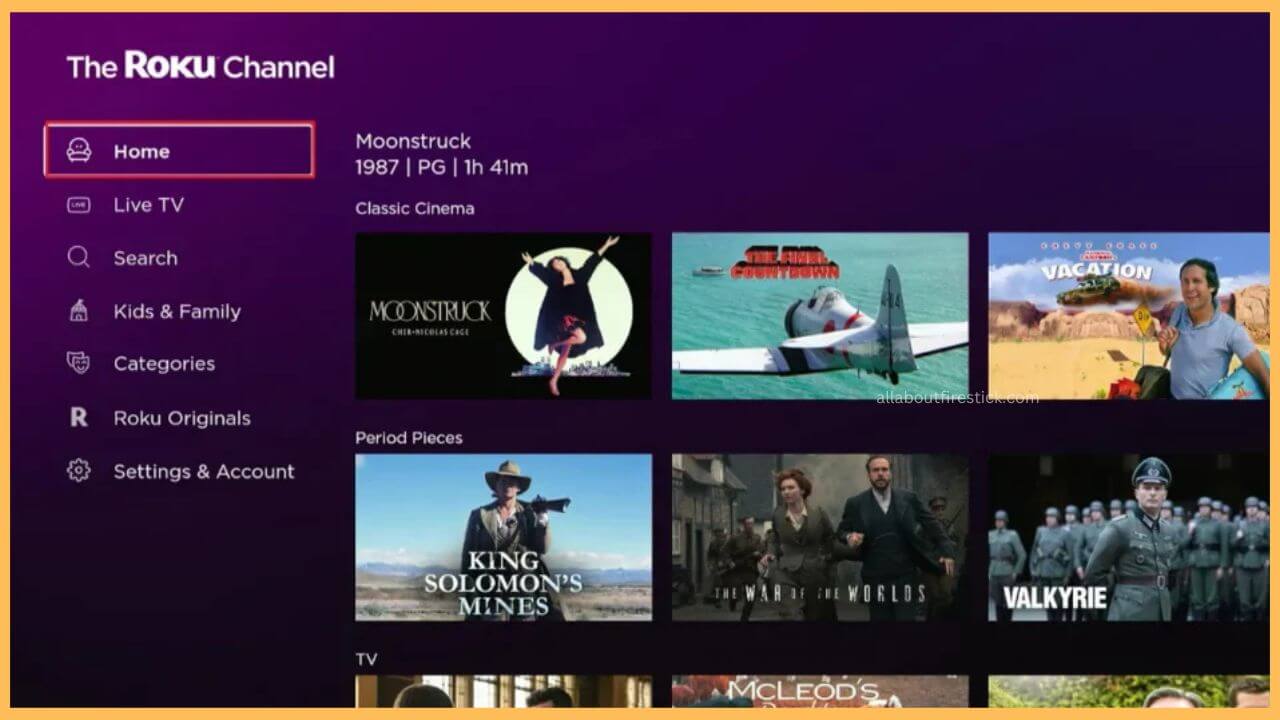 Choose the Home tab on the Roku Channel on Firestick