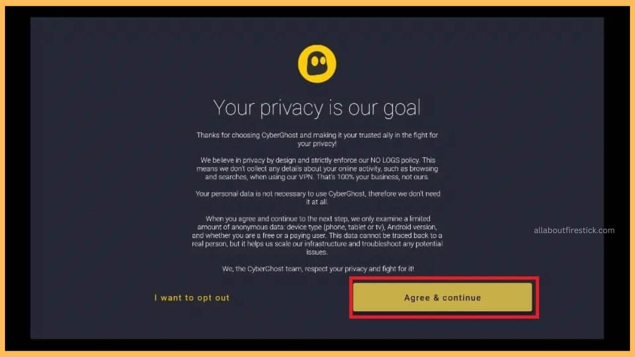 Choose Agree and Continue to access ZenMate VPN on Firestick