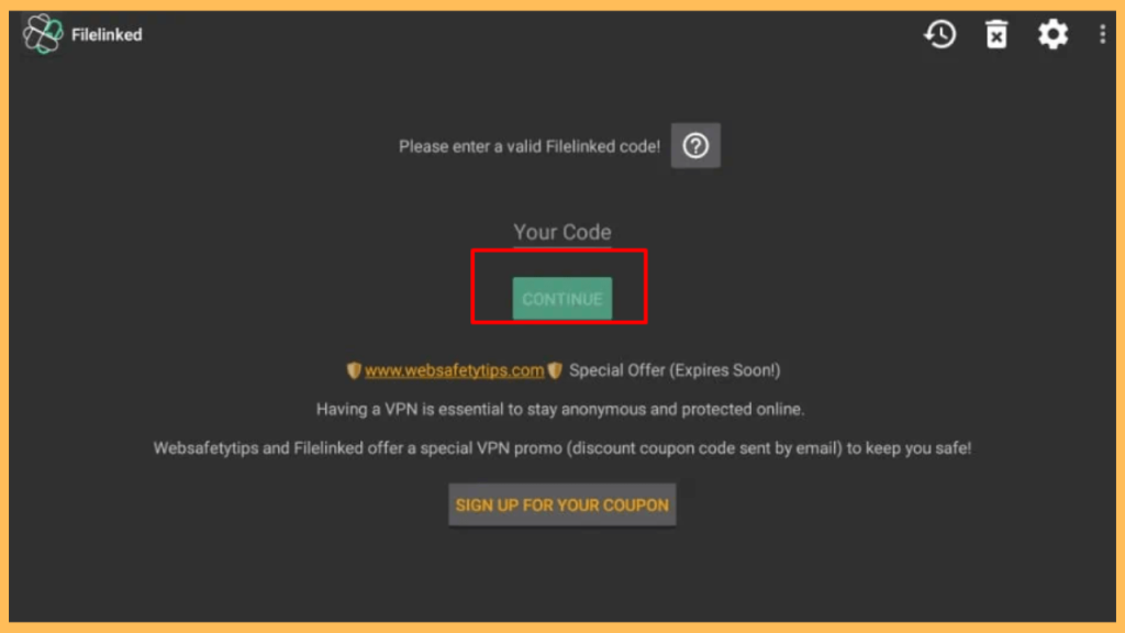 FileLinked Codes for Firestick - Select Continue