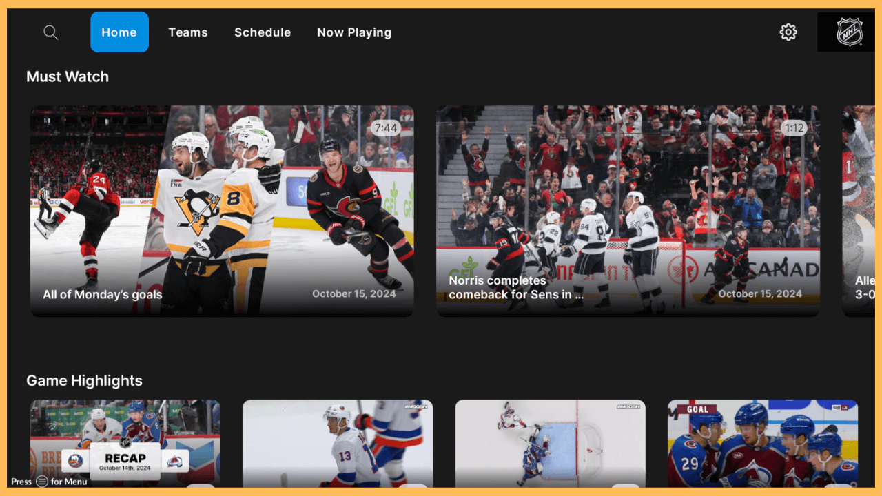 NHL on Firestick - Home page