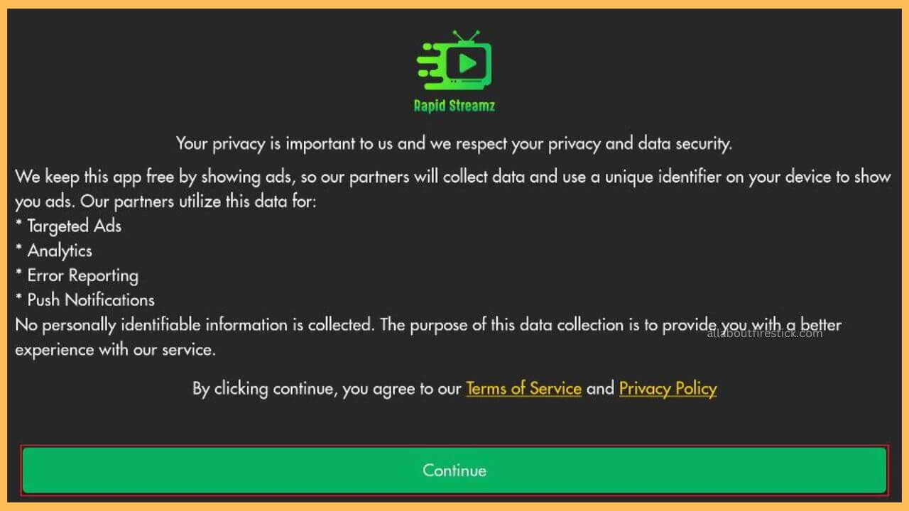 Hit Continue to watch Rapid Streamz on Firestick