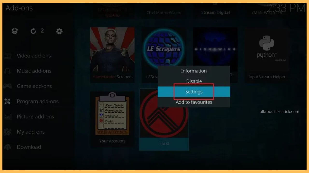 Select Settings - Trakt on Firestick