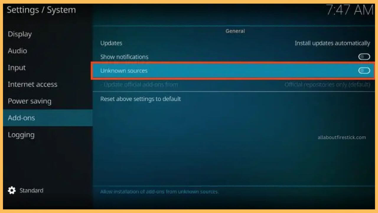 Turn on Unknown Sources - BK Nox Kodi Build on Firestick