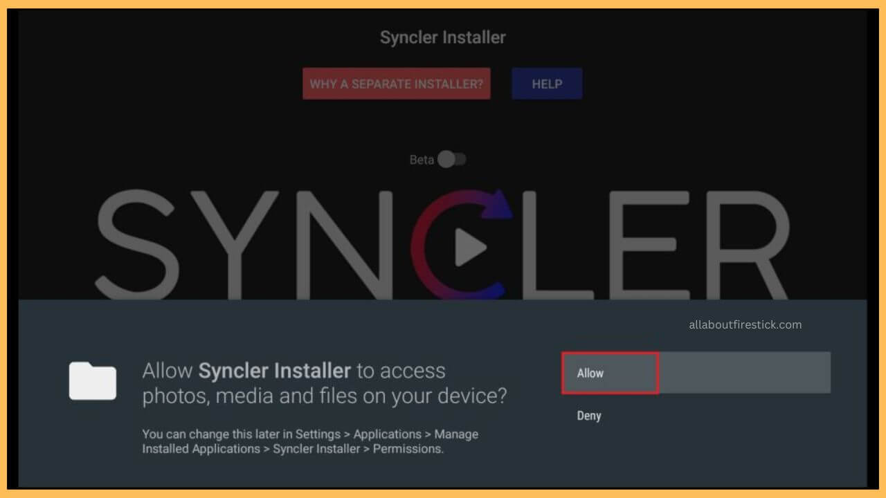 Tap Allow Button - Syncler on Firestick