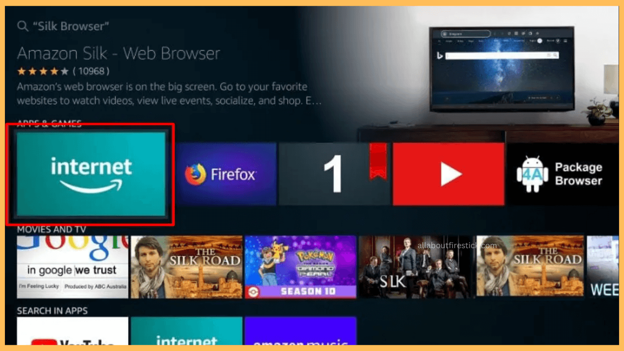 The TV App on Firestick - Select the Internet tile