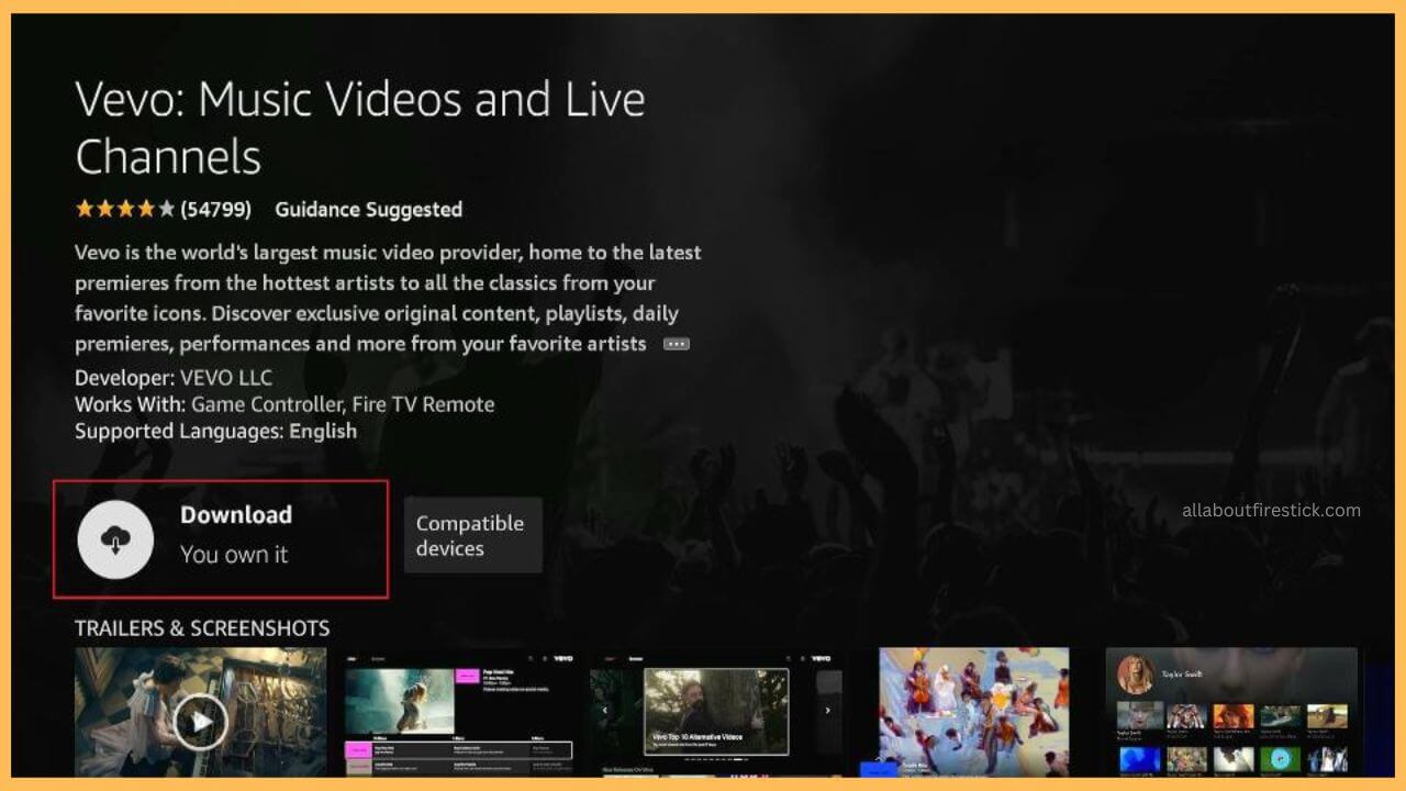 Select Open on Vevo App