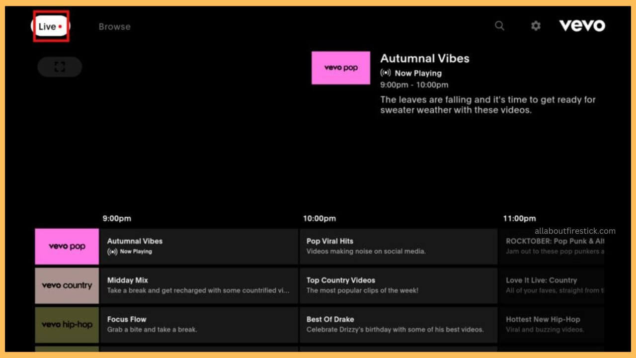 Hit on the Live Option to Watch Vevo on Firestick