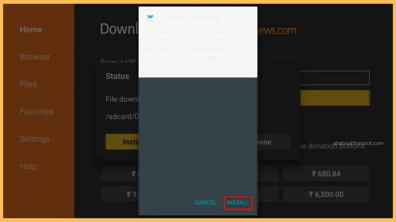 Click on Install to get Wolf Launcher on Firestick
