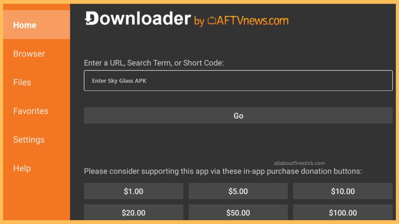Enter the Sky Glass APK URL to Sideload